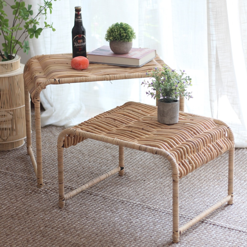 Nordic Style Rattan Coffee Table Living Room Balcony Natural Simple Wicker Side Table Rectangle Tea Table Homestay Decoration